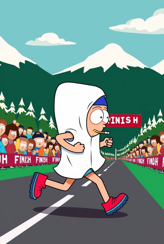 Southpark. Towelie runs a marathon. Towelie smokes a joint. He runs through the finish line. Beer is behind the finish line. Side view of the finish line.