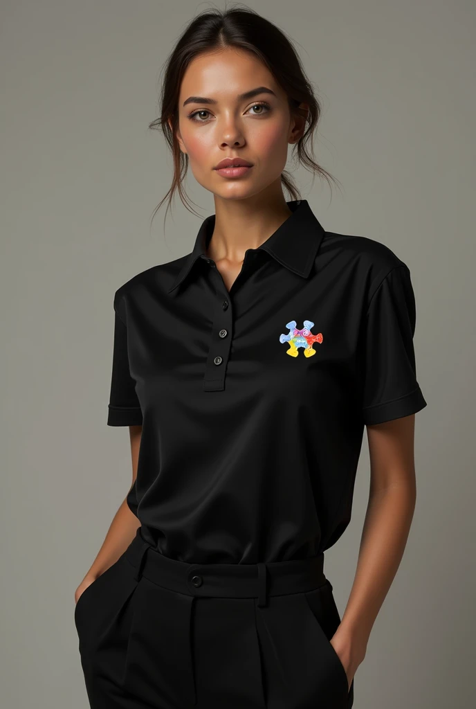 Create a black polo neck blouse, with the autism symbol on the small colored chest, and on the back an art with the theme of autism