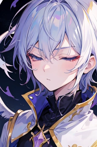 anime boy, half angel half demon, eyes closed, concentrate expression, very HD, fantasy background