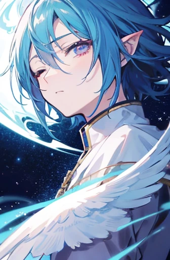 anime boy, half angel half demon, eyes closed, concentrate expression, very HD, fantasy background