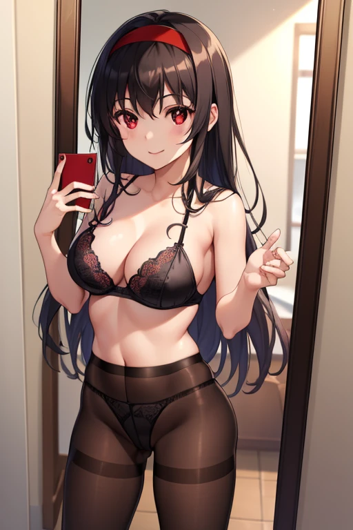 best quality, high resolution, unity 8k wallpaper, (illustration:0.8), (beautiful detailed eyes:1.6), extremely detailed face, perfect lighting, extremely detailed CG, (perfect hands, perfect anatomy), kasumigaokautaha, ((full body)), ((full pose)), ((slim body)), ((perfect body)), ((slim legs)), utaha kasumigaoka, black hair, hairband, long hair, (red eyes:1.5), masterpiece, best quality, highres, kasumigaoka utaha, 1girl, solo, ((standing:1.4)), ((black pantyhose)), medium breasts, blushing, black hair, hairband, red eyes, ((white hairband:1.4)), bangs, medium breasts, blushing, ((smile:1.4)), cowboy shot, ((looking at viever)), bathroom background, ((selfie mirror:1.4)), ((black lace bra)), ((black lace panties)), ((spread legs)),