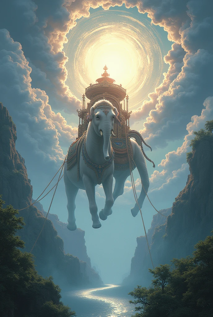 Image of beautiful chariot coming from swarg lok to earth pulled by airavat

