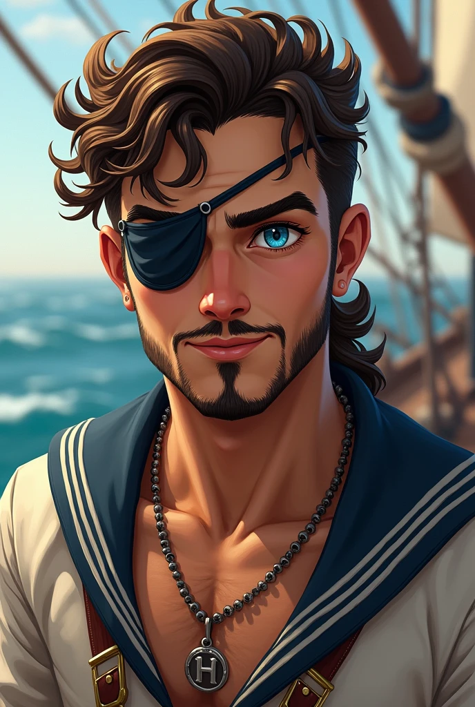Imagine a 23 year old sailor with a curly mullet hairstyle. The hair in the back is longer and curlier., while the front part is shorter.He has a mustache and a goatee.He is wearing an eyepatch over his right eye, giving it an air of mystery and adventure. His remaining eyes are an intense blue., shining with a vibrant hue.He has a necklace with the letter H. The sailor may be wearing a typical sailor uniform, with a striped shirt and a sailor hat, to complete the nautical look.
realistic styling