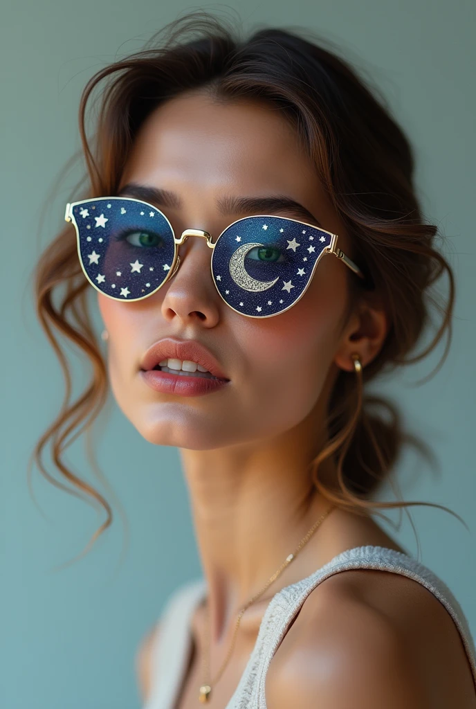 The model is wearing glass sunglasses with stars and the moon on the glass
