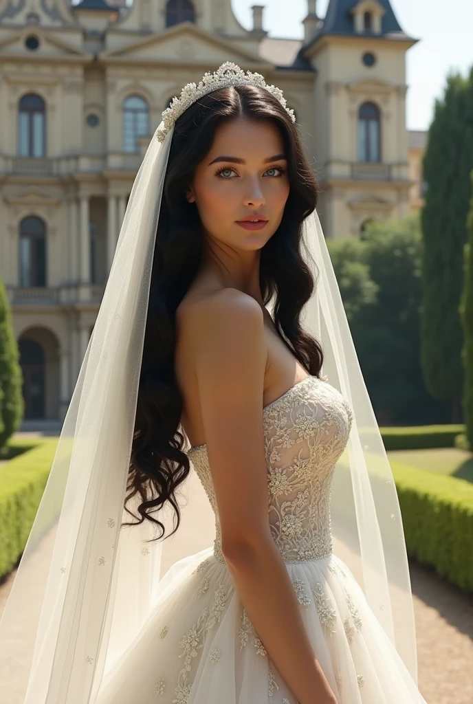 Beautiful young woman, 22 years old, long black hair and blue eyes. She is wearing a mid-century wedding dress with a white veil. behind her a luxurious mansion in Italy. The expression on his arrogant face, highlighted by his blue eyes