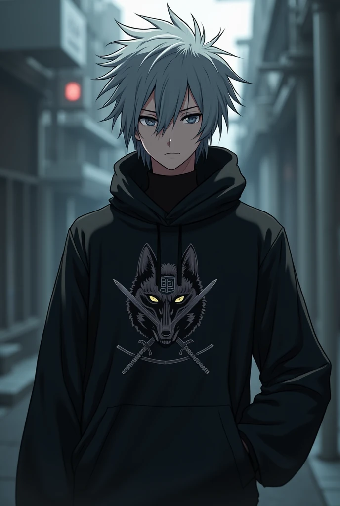 Animé, inspiré de Kakashi avec vêtement noir (logo du vêtement : tête de loup avec deux sabre), cheveux inspiré de Kuroko de couleur gris