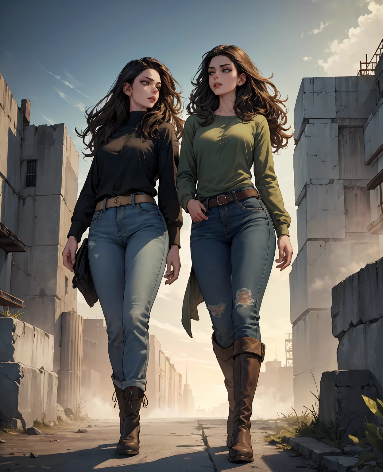 a young woman with long wavy black hair,beautiful detailed green eyes,thin detailed lips,long-sleeved shirt,jeans,winter boots,apocalyptic ruins,frozen landscape,dramatic lighting,(best quality,4k,8k,highres,masterpiece:1.2),ultra-detailed,(realistic,photorealistic,photo-realistic:1.37),cinematic,moody atmosphere,muted color palette,dramatic shadows