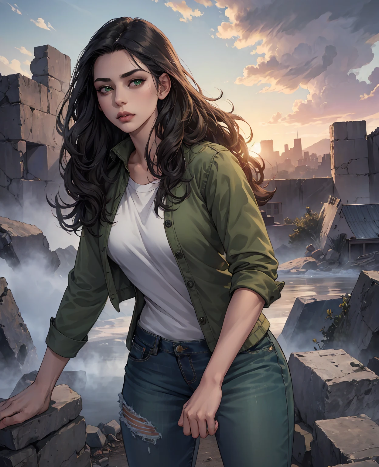 a young woman with long wavy black hair,beautiful detailed green eyes,thin detailed lips,long-sleeved shirt,jeans,winter boots,apocalyptic ruins,frozen landscape,dramatic lighting,(best quality,4k,8k,highres,masterpiece:1.2),ultra-detailed,(realistic,photorealistic,photo-realistic:1.37),cinematic,moody atmosphere,muted color palette,dramatic shadows