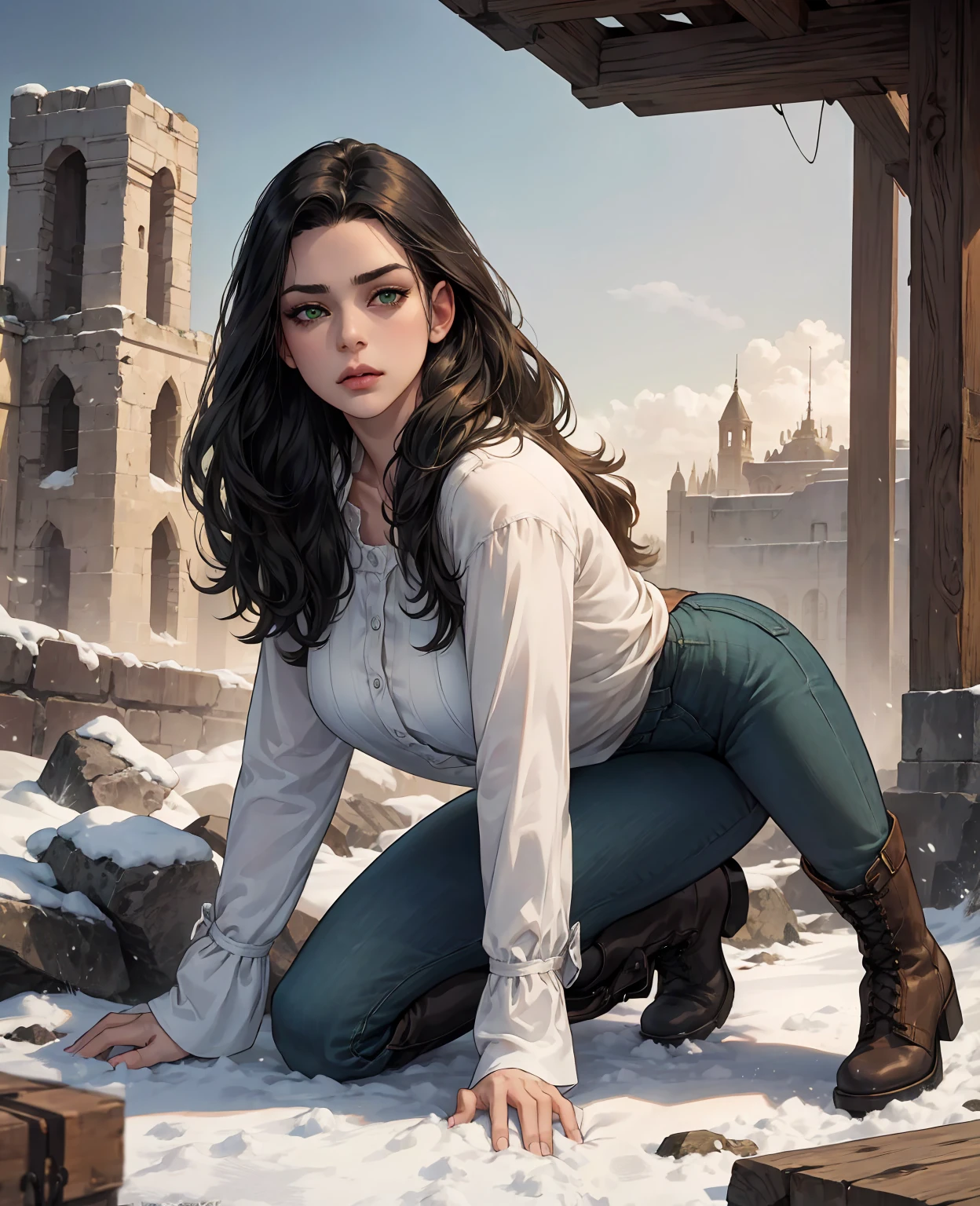 a young woman with long wavy black hair,beautiful detailed green eyes,thin detailed lips,long-sleeved shirt,jeans,winter boots,apocalyptic ruins,frozen landscape,dramatic lighting,(best quality,4k,8k,highres,masterpiece:1.2),ultra-detailed,(realistic,photorealistic,photo-realistic:1.37),cinematic,moody atmosphere,muted color palette,dramatic shadows
