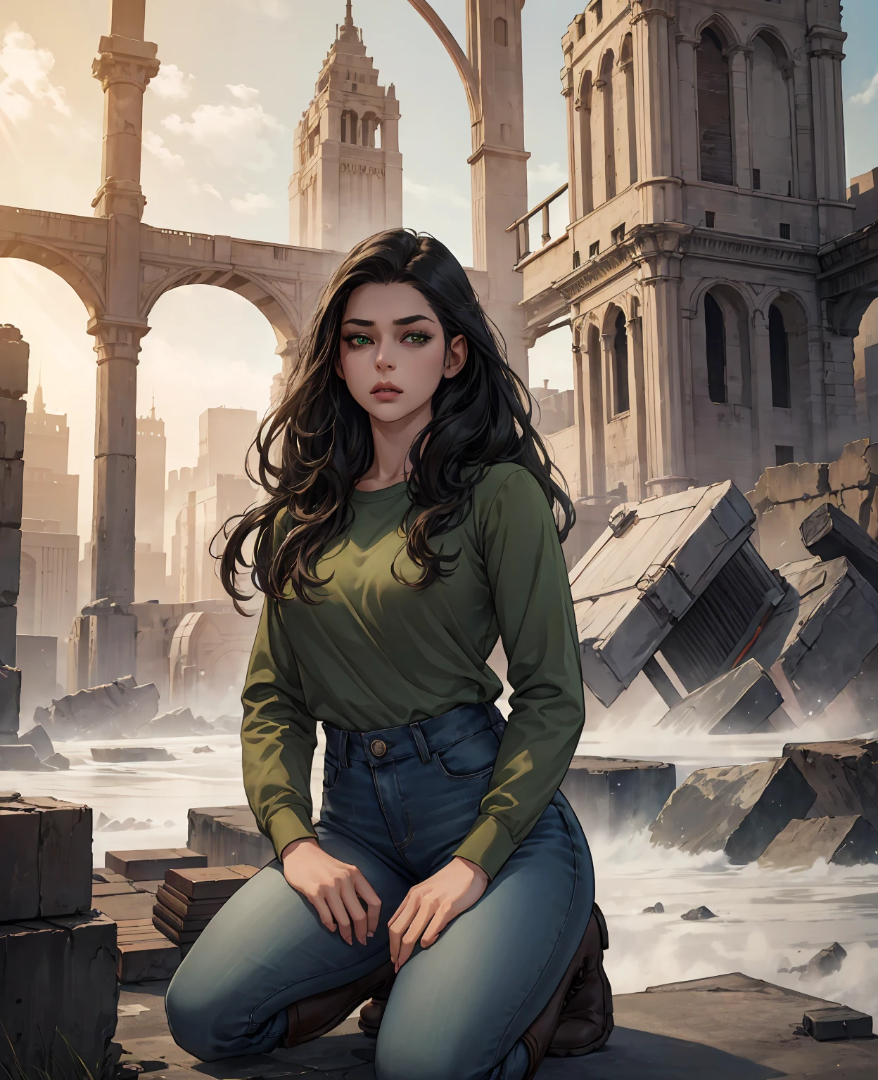 a young woman with long wavy black hair,beautiful detailed green eyes,thin detailed lips,long-sleeved shirt,jeans,winter boots,apocalyptic ruins,frozen landscape,dramatic lighting,(best quality,4k,8k,highres,masterpiece:1.2),ultra-detailed,(realistic,photorealistic,photo-realistic:1.37),cinematic,moody atmosphere,muted color palette,dramatic shadows