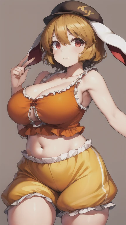 Ringo \(Touhou\), by rubio, short hair, taxi driver hat, Orange shirt, belly button, rabbit ears, Red eyes, clavicle, ruffled dress, yellow shorts, big breasts, detailed face, detailed eyes, Detailed hair. Big huge breasts.