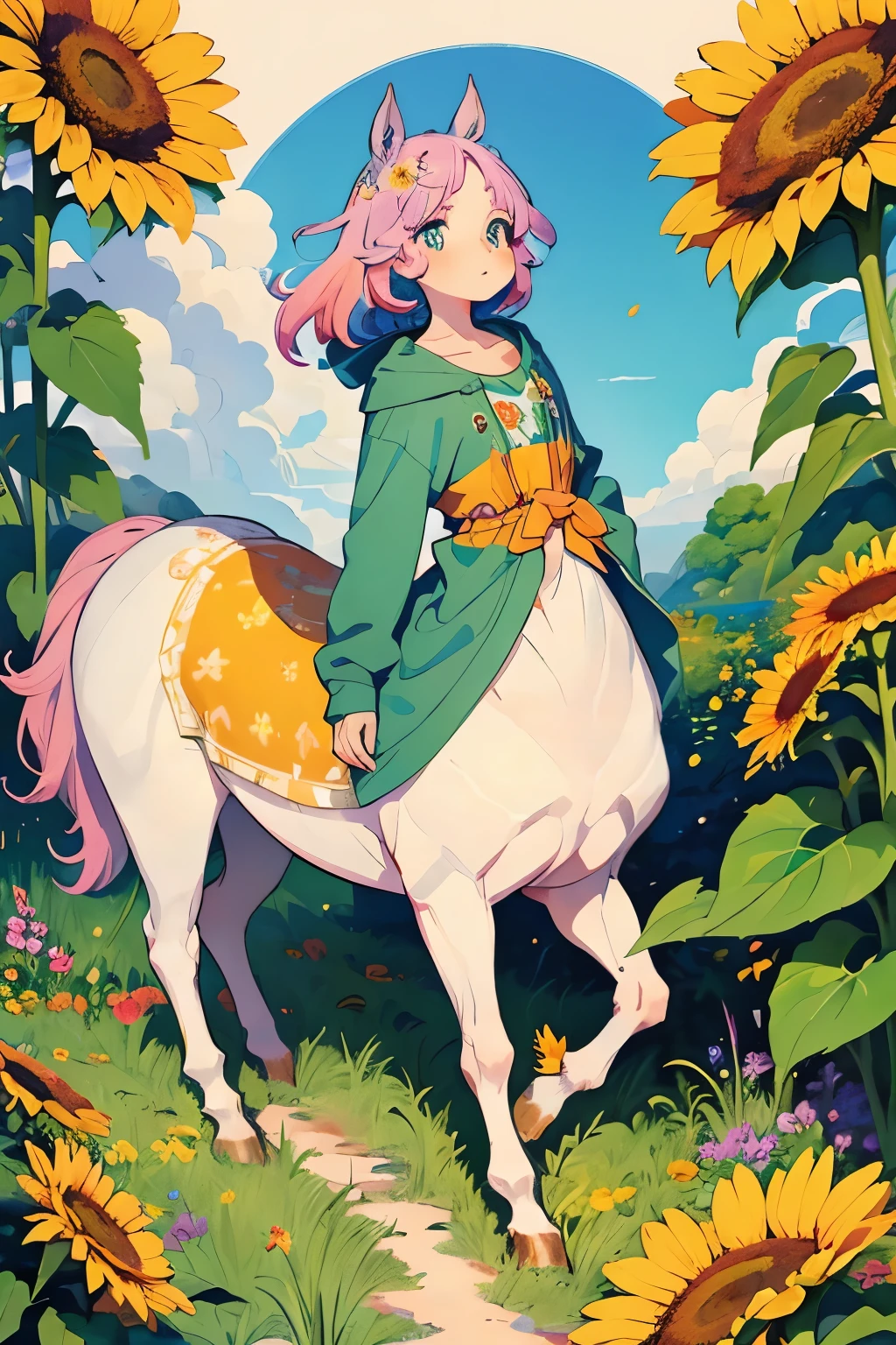 {masterpiece}, Highest quality, Very short stature，10 years old，Rainbow Hair, Vivid and colorful backgrounds, Whimsical and lively characters, Centaur，Fairies and magical creatures, sunflower，Brightly colored flowers and other natural elements, A fun and playful atmosphere or theme