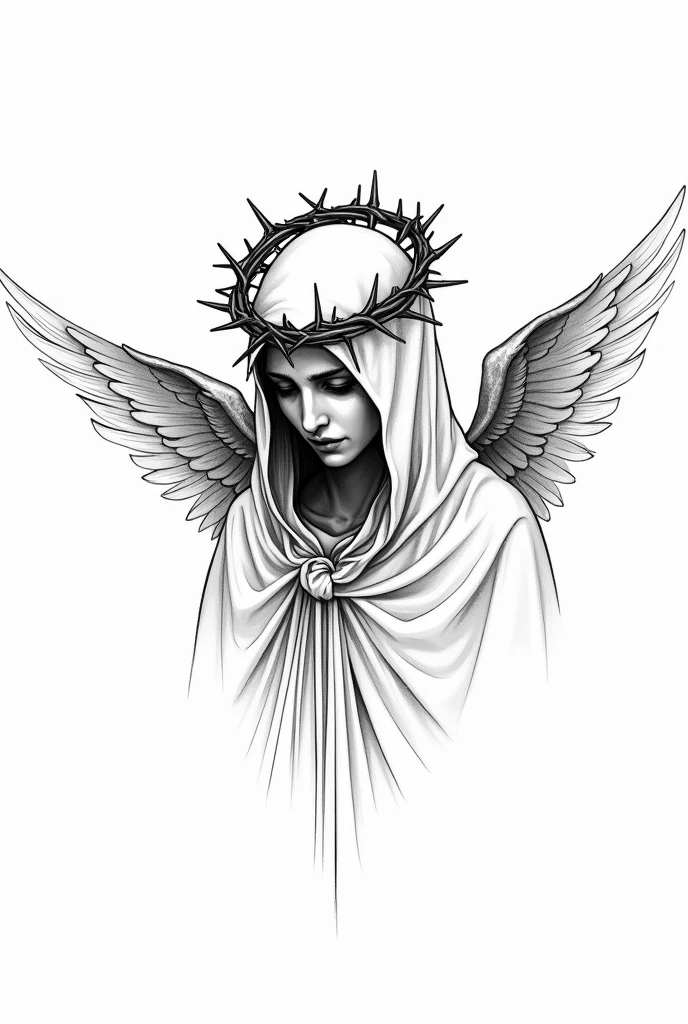Black and white line art tattoo style drawing of an angel wearing a crown of thorns and his face covered with a hood