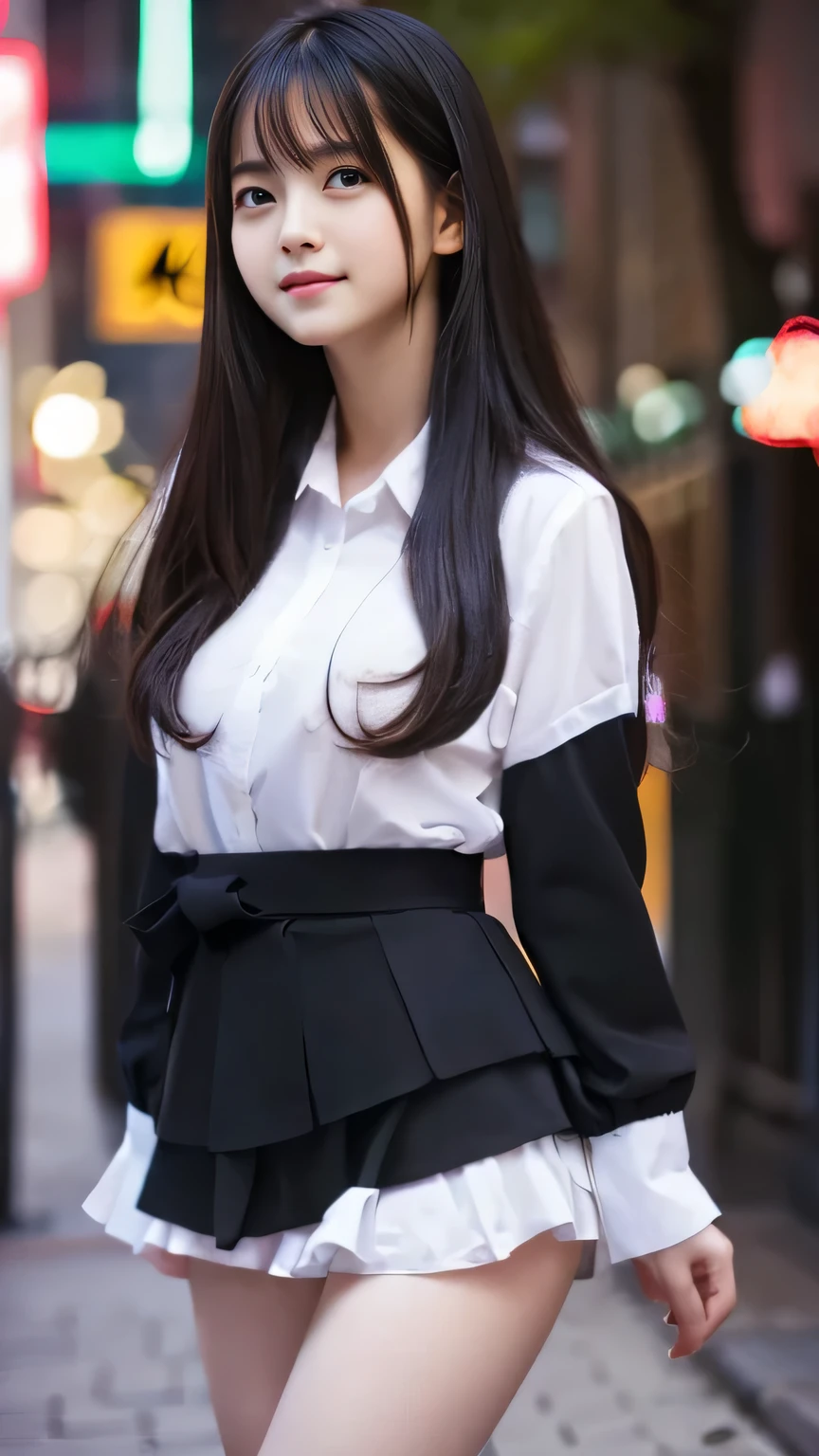 Highest quality,4K,8k,High resolution,masterpiece:1.2,Very detailed,Realistic:1.37,Portraiture,Soft colors,A girl exuding fatigue,long, flowing black hair,Delicate features,Thinking eyes,White skin,Happy expression,Great atmosphere,Wearing a uniform、Gazing into the distance,,Romantic atmosphere、Roppongi Nightlife、,Calm colors,Soft Shadows、Above-the-waist display、Ample breasts、