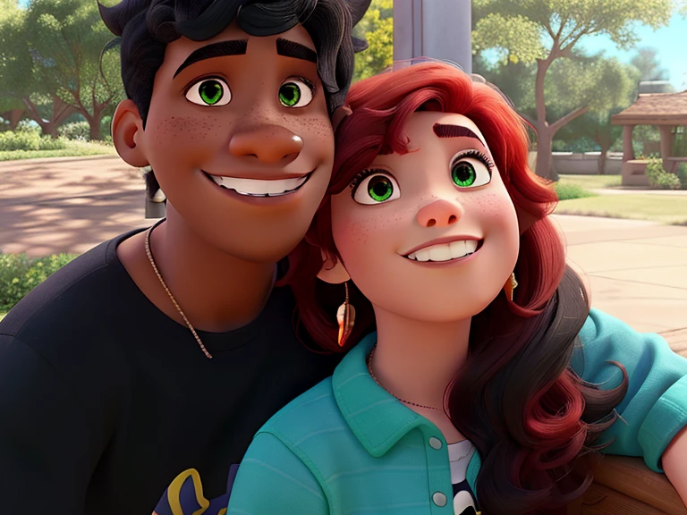 Disney Pixar couple black boy with black hair and girl with red hair and green eyes 