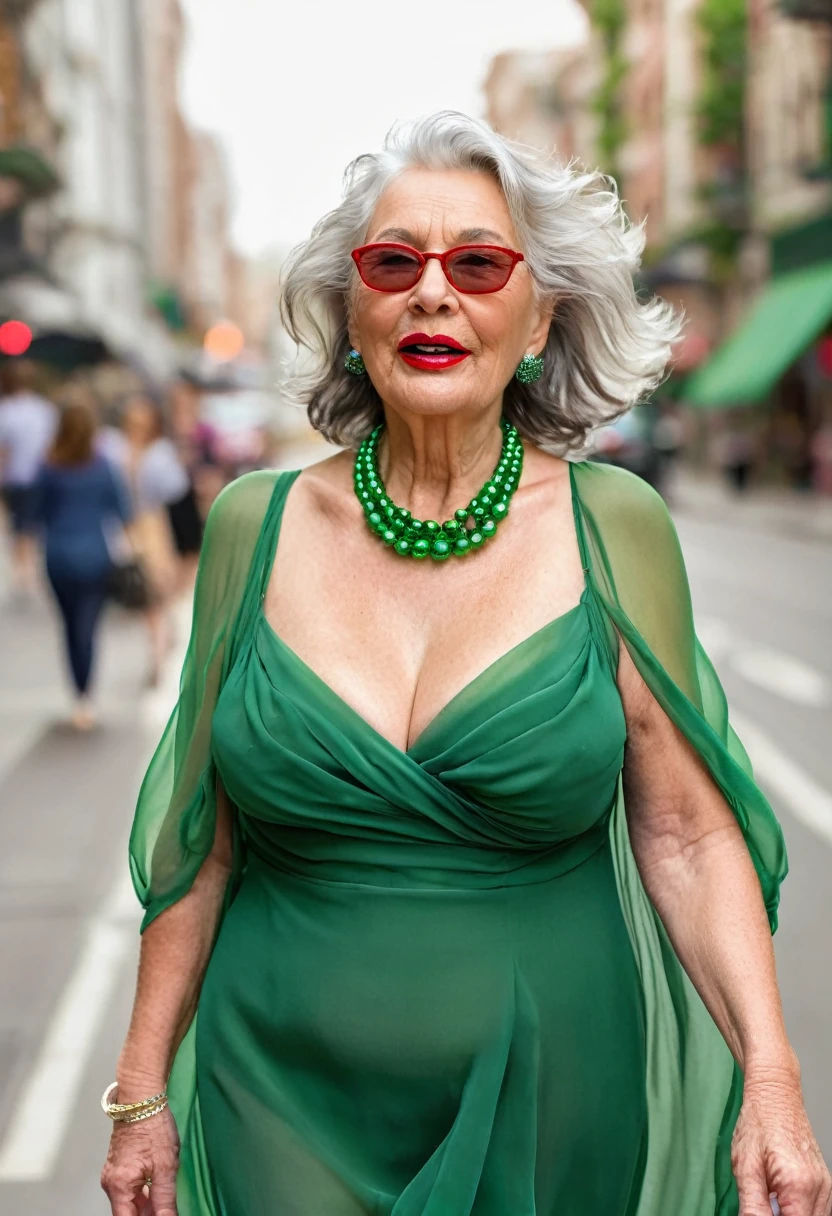 A confident older woman 70yo with gigantic saggy breast walks down a city street wearing a vibrant (green chiffon dress with a deep neckline), (Gigantic saggy breast:1.4), She has stylish, wavy silver hair and bold red lipstick, complemented by a chunky green bead necklace.