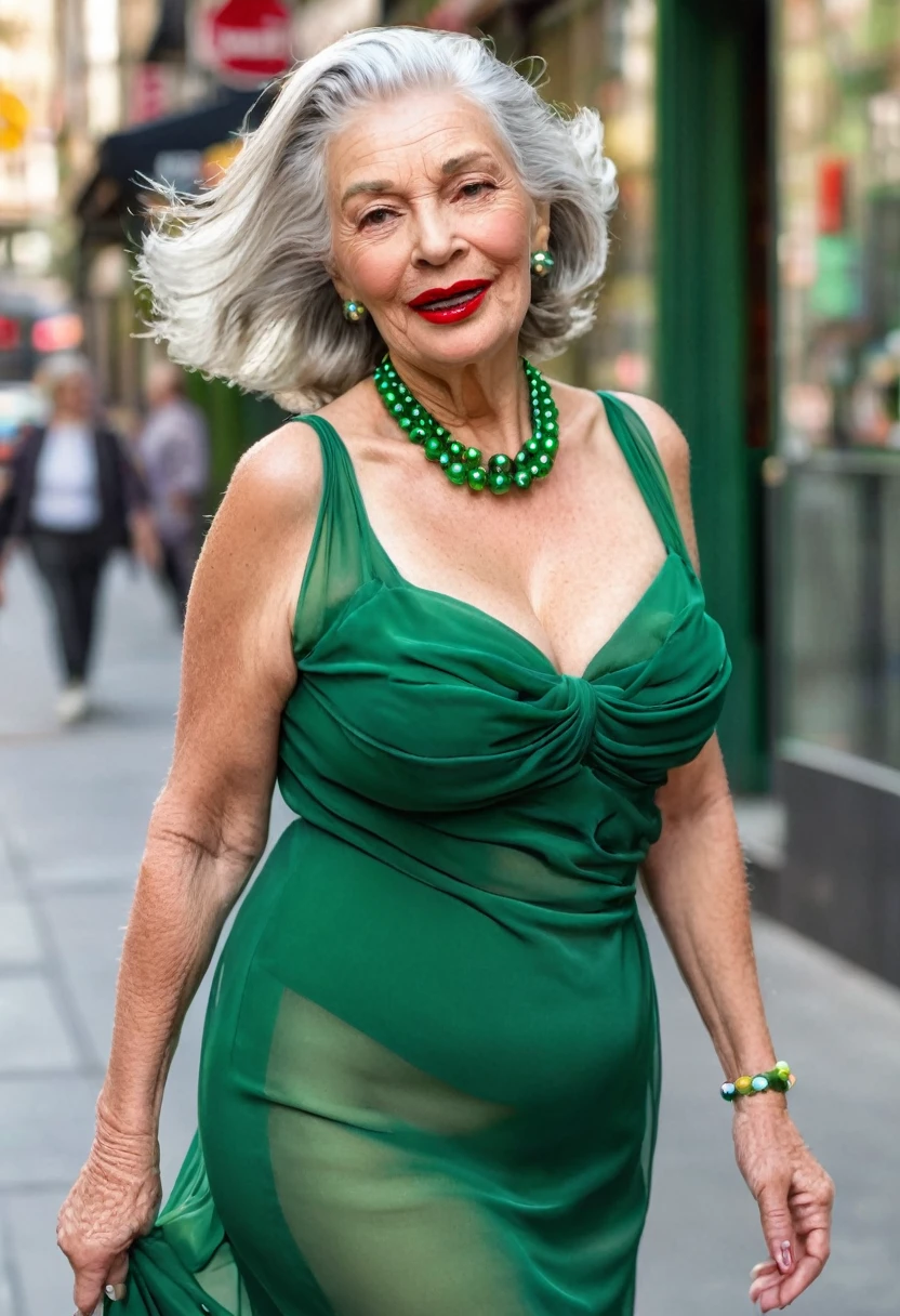 A confident older woman 70yo with gigantic saggy breast walks down a city street wearing a vibrant (green chiffon dress with a deep neckline), (Gigantic saggy breast:1.4), She has stylish, wavy silver hair and bold red lipstick, complemented by a chunky green bead necklace.
