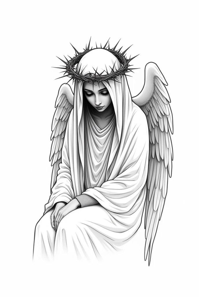 Black and white line art tattoo style drawing of an angel wearing a crown of thorns and his face covered with a hood 
