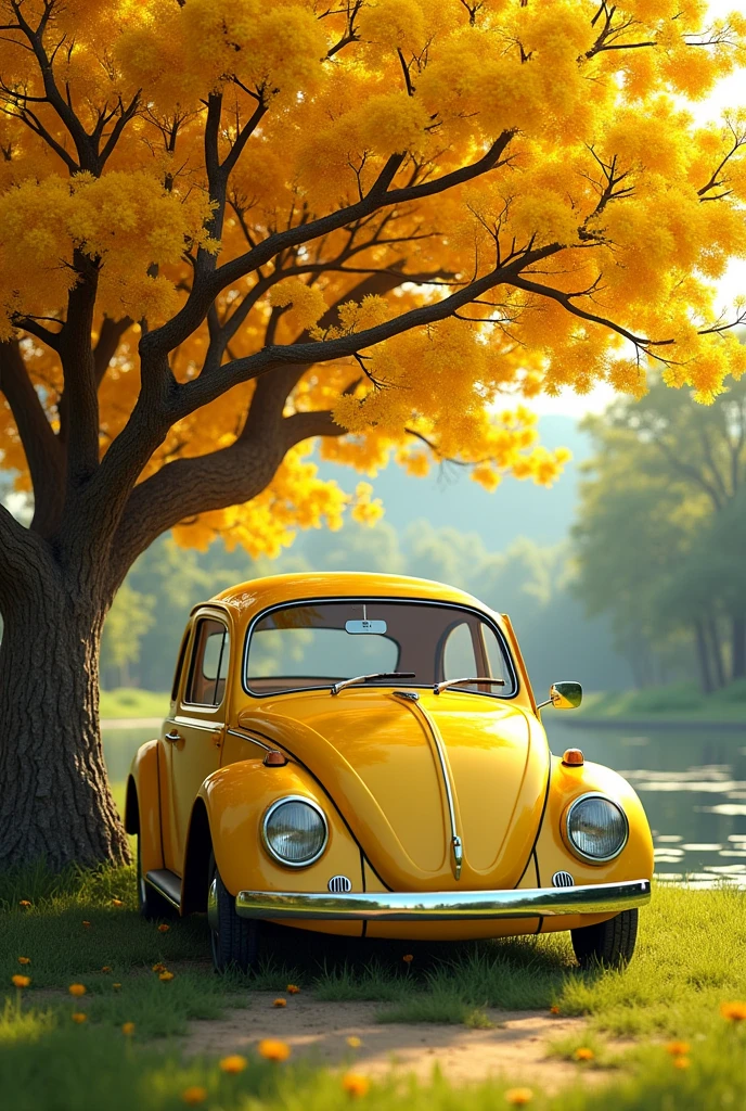 Yellow Volkswagen Beetle under a yellow ipê tree with grass underneath and a river 