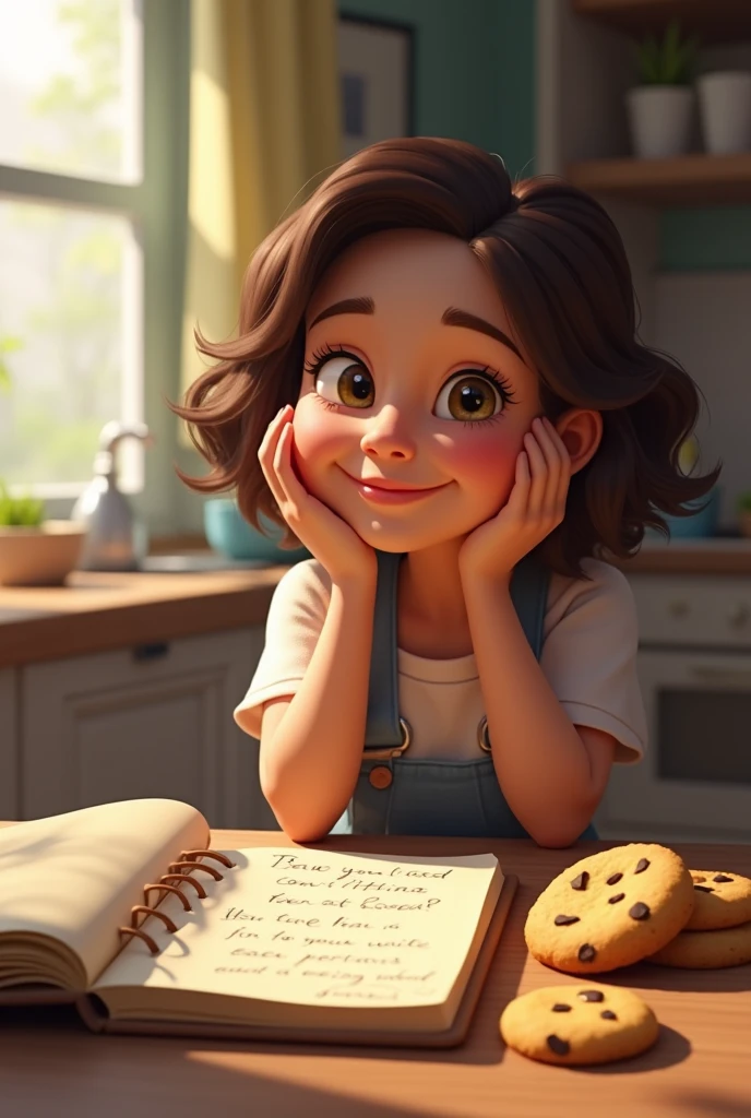 A scene showing a dessert that didn't turn out perfect (maybe some slightly burnt cookies), next to a notebook with notes and a smile of acceptance on the person's face.