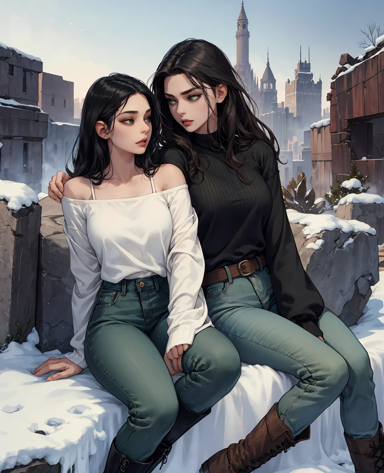 Young woman, with shoulder-length wavy black hair, a pair of beautiful green eyes, and a pair of thin lips, wore a long-sleeved shirt, a pair of jeans, and a pair of winter boots, frozen, ruins, apocalypse