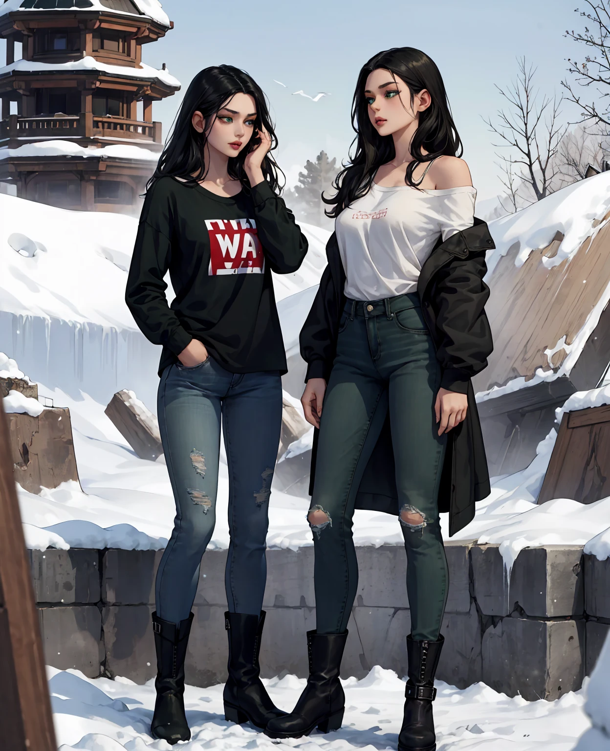 Young woman, with shoulder-length wavy black hair, a pair of beautiful green eyes, and a pair of thin lips, wore a long-sleeved shirt, a pair of jeans, and a pair of winter boots, frozen, ruins, apocalypse