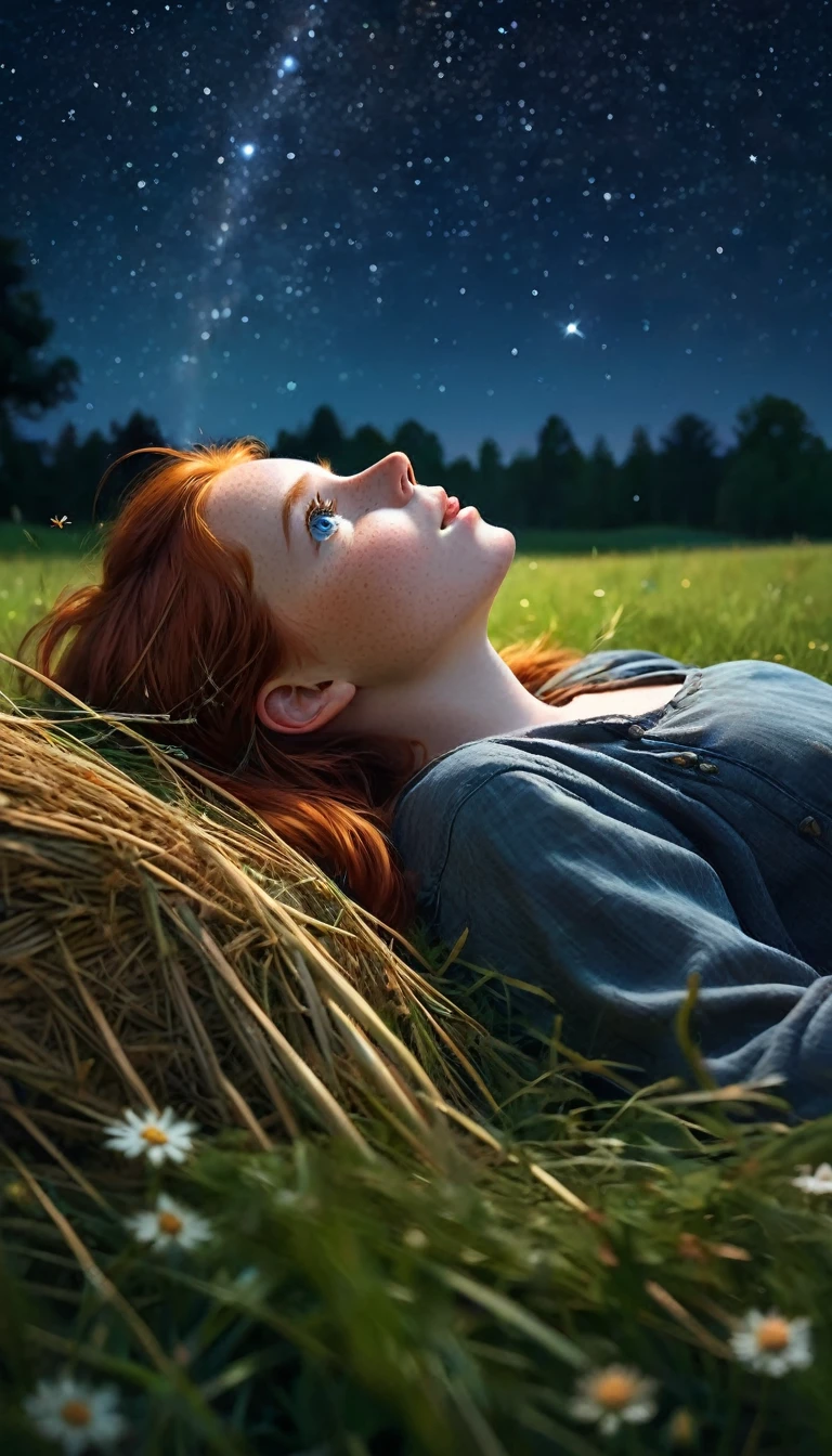 Profile angle shot, A tomboy redhead girl with freckles and big blue eyes, lying in a meadow with her hands under her head, holding a large blade of hay in her mouth, gazing at the starry sky, dreamy atmosphere, (best quality,4k,8k,highres,masterpiece:1.2),ultra-detailed,(realistic,photorealistic,photo-realistic:1.37),vibrant colors,cinematic lighting,intricate detail,ethereal,digital art, visible night sky, dark colors, night, dark colors
