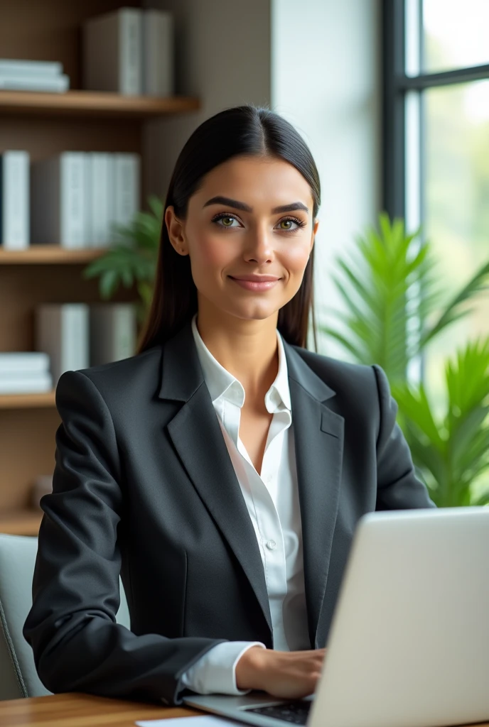An elegant business woman, wearing a formal dark gray suit and white blouse, sitting at a modern office desk with an open laptop in front of her, brazilian with green eyes. The environment is illuminated by natural light that enters through the large windows. In the background, there are shelves with books and some green plants.