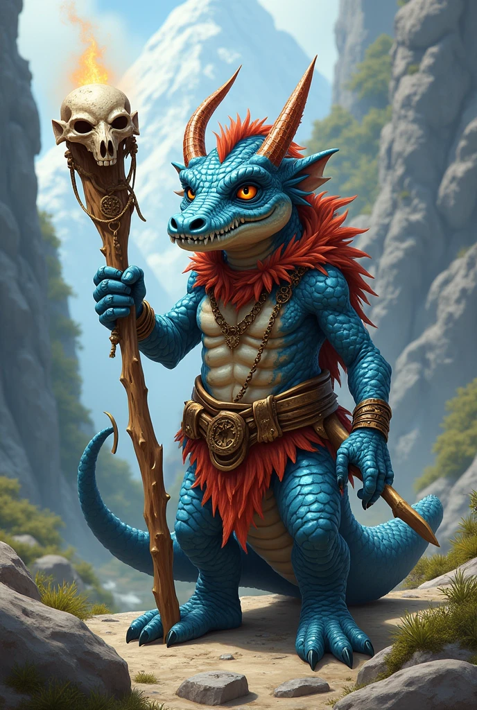 Create an RPG character, he is a kobold druid. Its scales are blue, the background resembles a mountain.
Make the character more humanoid and equip him with druid clothes.
Make him with his staff in hand Make the staff more magical He is a druid who enchants animals His appearance should be similar to a dragon He is small but fierce He has no wings His staff is that of a wizard, has the power of nature A big bear accompanies him His staff resembles polished wood Make him fierce He is a little taller His staff is made of ancient wood His scales have some touches of red His head resembles a crocodile His staff is magical and decorated with bones He has fangs He has no ears, It has horns A skull with feathers is on the staff The bear looks like a spirit It is small, His staff emanates a magical light. He has a fierce familiar., bigger than him His appearance reminds me of a shaman His horns are made of copper as well as some details on his scales Forget the bones in the staff Make it more friendly