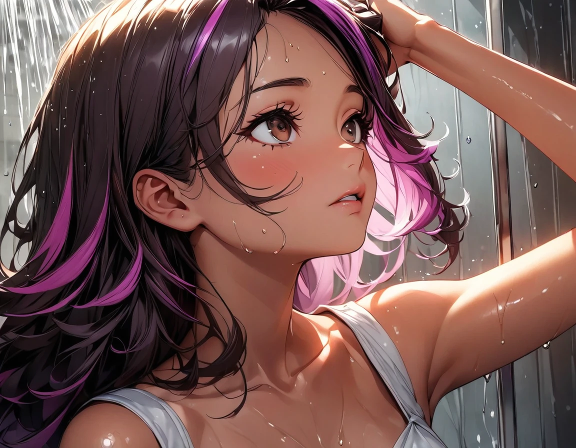 (highest quality:1.2, Very detailed, up to date, Vibrant, Ultra-high resolution, High Contrast, masterpiece:1.2, highest quality, Best aesthetics), Portraiture、girl, solo, (25-years-old:1), Bright colors、Beautiful fine details、Beautiful lip detail, long hair、black and purple ((streaked hair:1.6)), highlights hair: 1.5, brown eyes, ((slim body:1.4)), (small breast:0.7), (dark skin:0.3), (She is taking a shower from her head:1), shower head diagonally above her face, hand on own head, (the shower is falling on her face:1), in bright shower room, (looking up:0.7), (upper body)