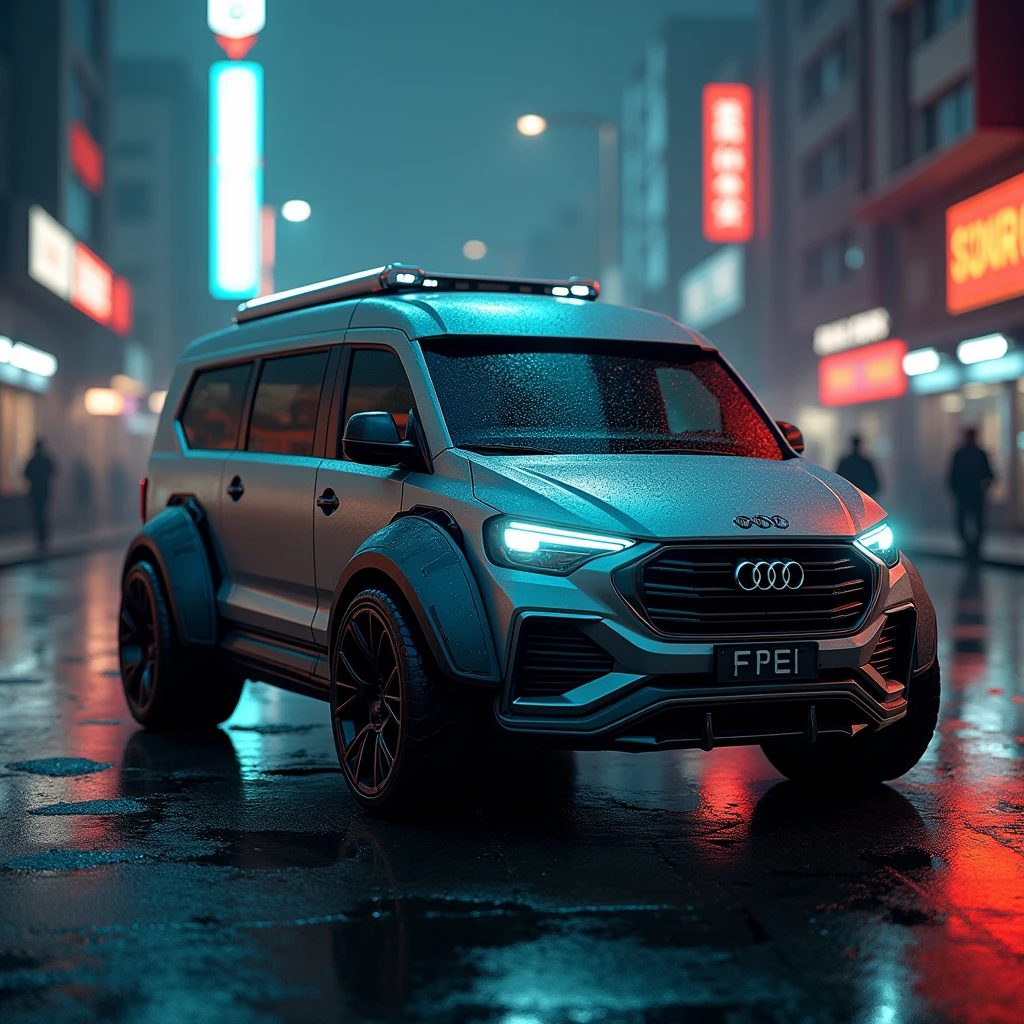 Cyberpunk Audi retro armored van、Shallow depth of field、(masterpiece:1.3) (最high quality:1.2) (high quality:1.1)、Cinematic Light, ((Cinema Lighting),(Natural light),(High level of artistry),(artistic),(Indistinguishable quality from the real thing),RAW Photos,Genuine,Genuine,High resolution,RAW Photos,masterpiece, beautiful,