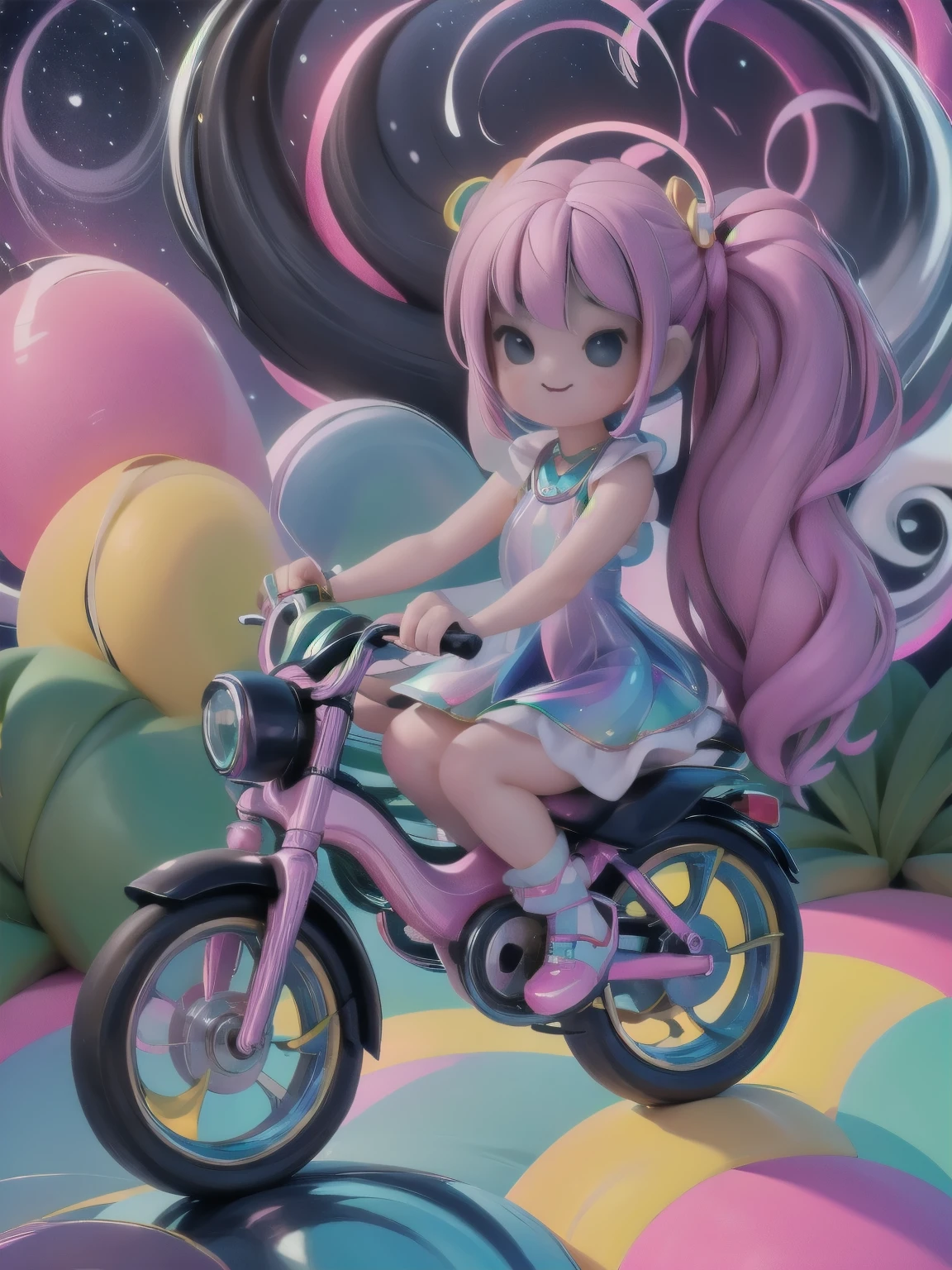 a cute kawaii girl riding a (bicycle) , night scene, fantasy wolrd style, candy world, magical dress, pumps, cristal rainbow road