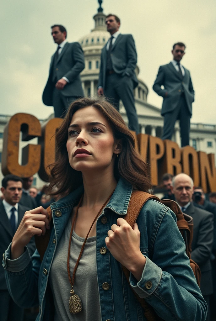 Make me a poster with a girl carrying the word corruption on her back while politicians are standing on the word and put other