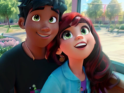 (best quality,high resolution,Artwork:1.2), Disney pixar style couple, black boy ultra detailed, (realisitic,photorealisitic,photo-realisitic:1.37), swirly vibrant colors,