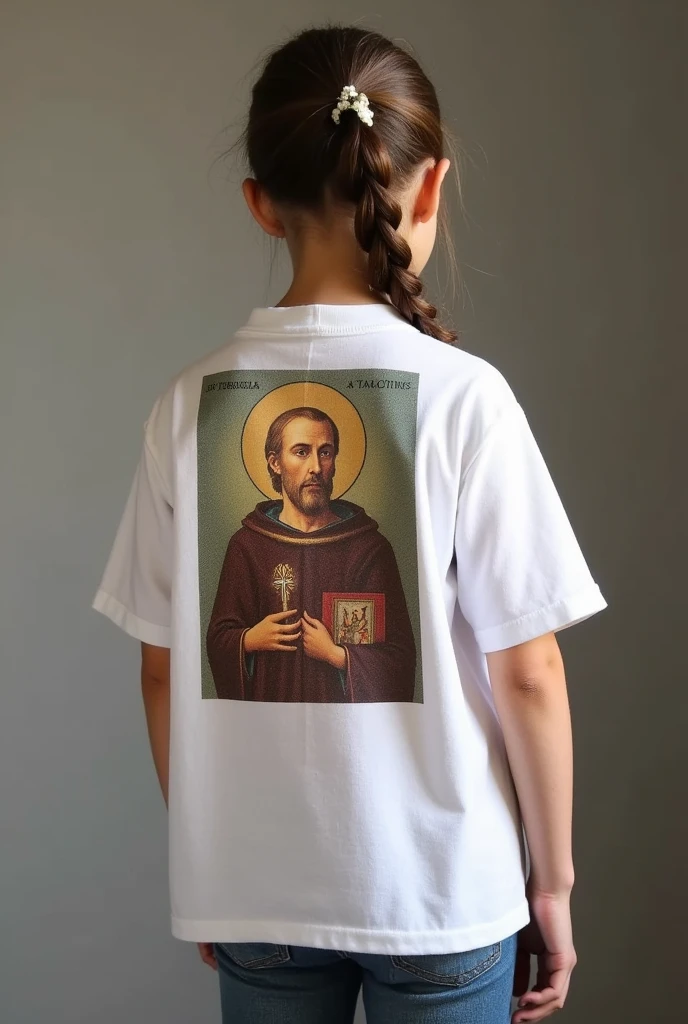 White youth ministry blouse with a print of Saint Tarcisius on the back, with nothing in front 