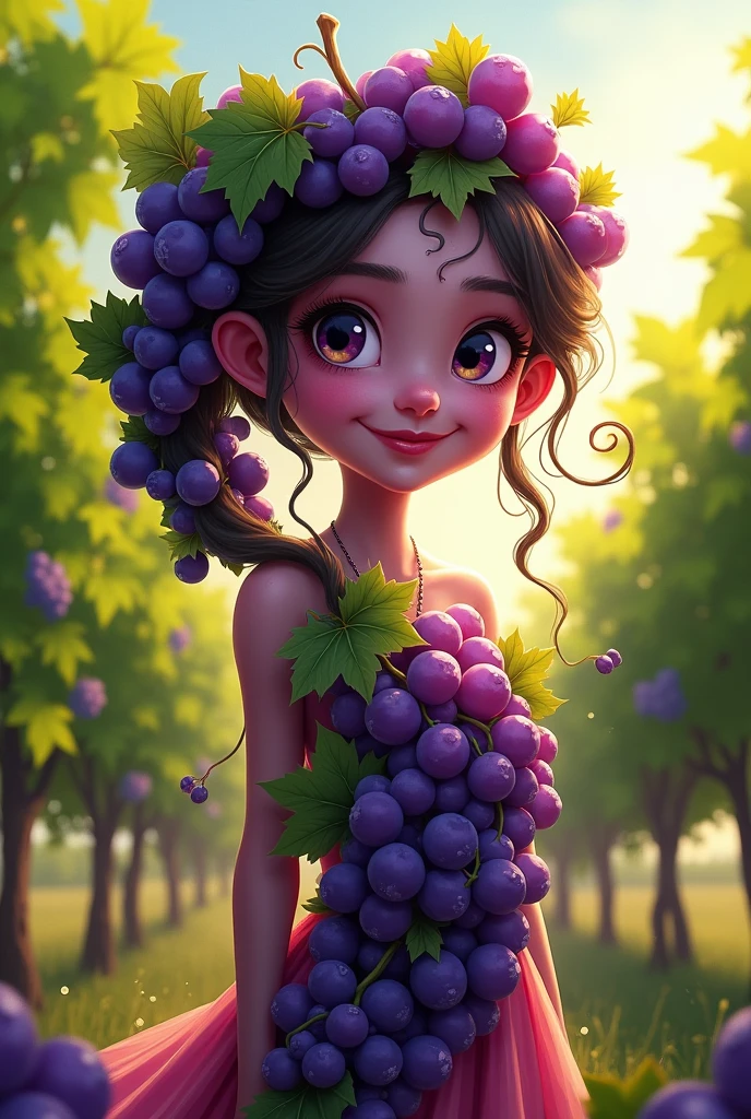 Bunches of table grapes, personified as a young girl

