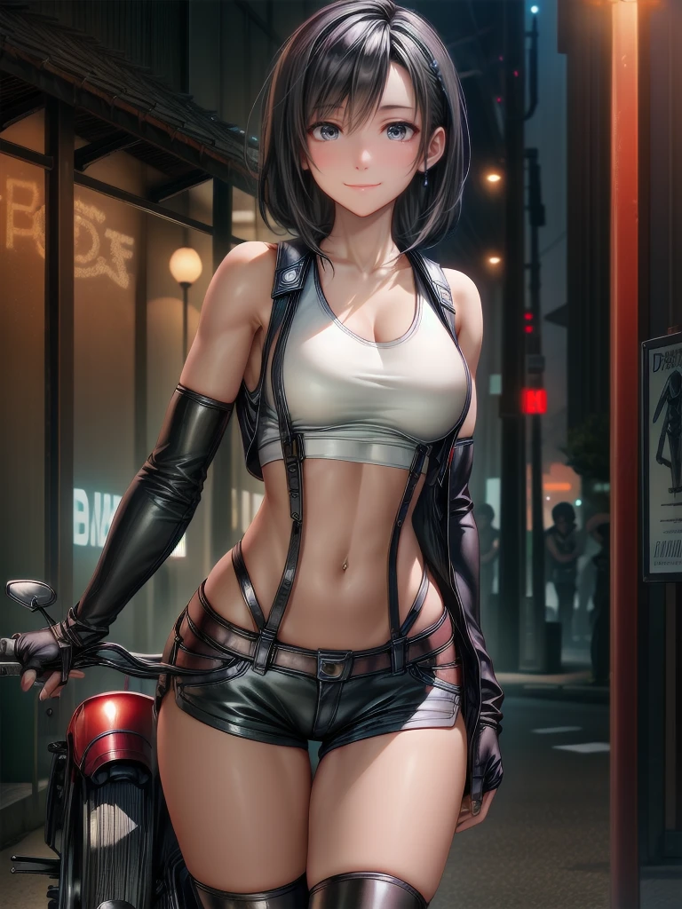 (cowboy shot), (Perfect Anatomy, top-quality, The ultra -The high-definition, high resolution, extremely detailed CG, 8K Unit Wallpapers), 26-year-old mature lady, solo, beautiful detailed eyes, black hair, short bob hair, blunt bang, (giant breasts, statuesque slender body, athletic), gleaming skin, oily skin, (punk fashion, leather jacket, Tank top, micro shorts), (drive a motorcycle,Harley-Davidson), on road, Tokyo, at night