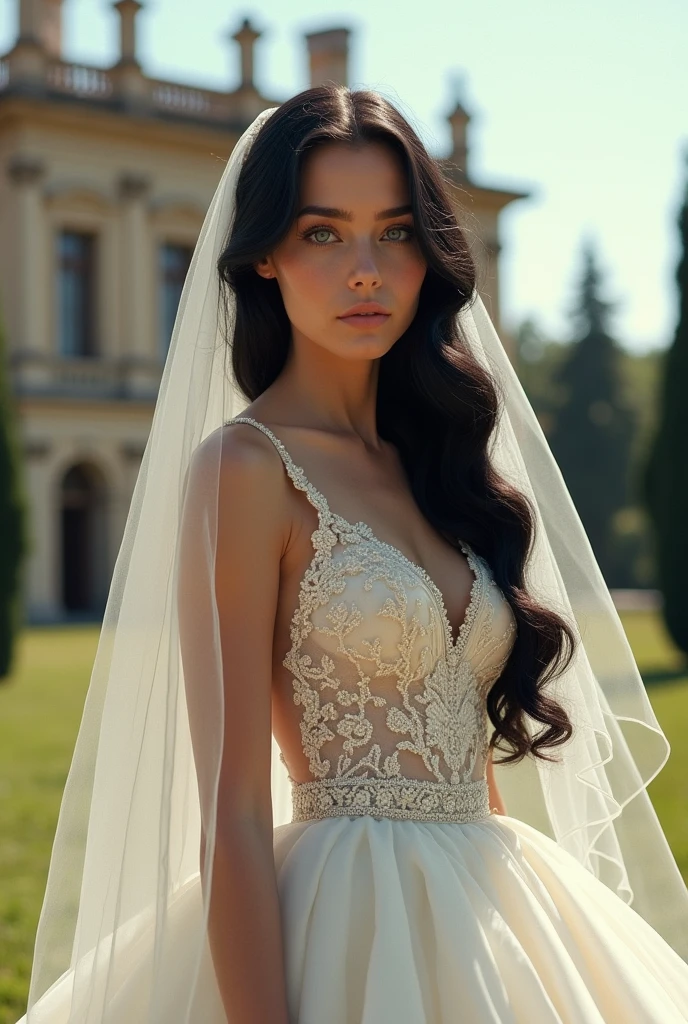 Beautiful young woman, 22 years old, long black hair and blue eyes. She is wearing a mid-century wedding dress with a white veil. behind her a luxurious mansion in Italy. The expression on his arrogant face, highlighted by his blue eyes