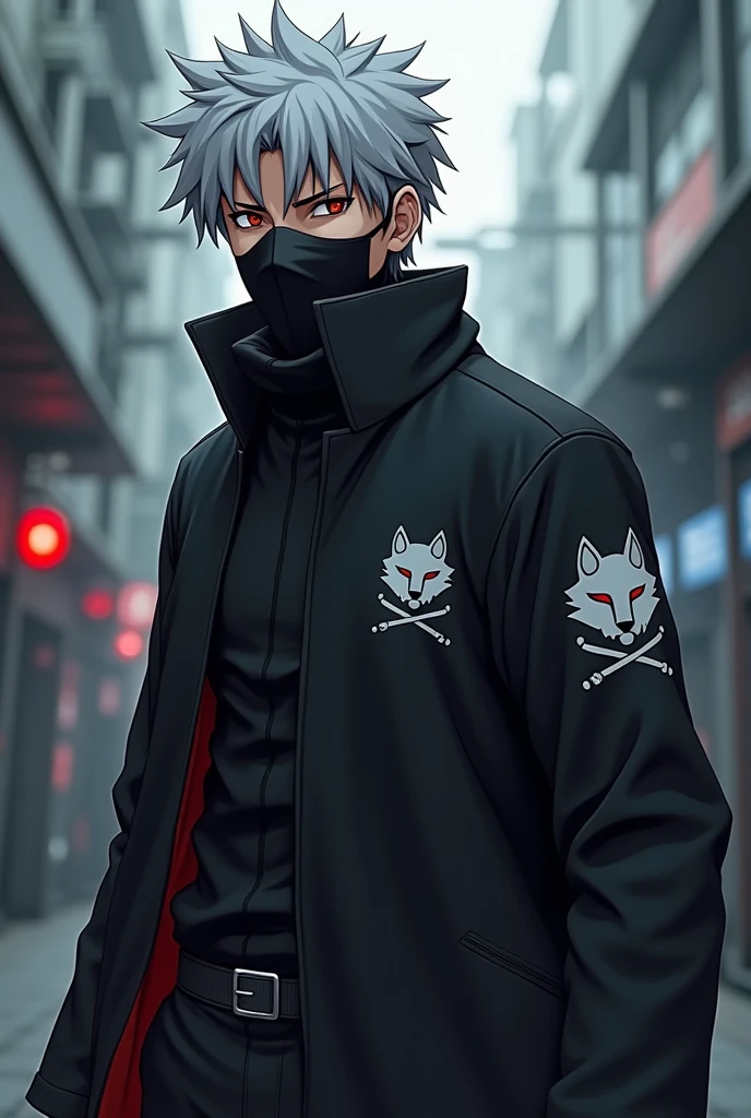 Animé, de 32 ans inspiré de Kakashi avec vêtement noir (logo du vêtement : tête de loup avec deux sabre), cheveux inspiré de Kuroko de couleur gris, avec masque sur la bouche