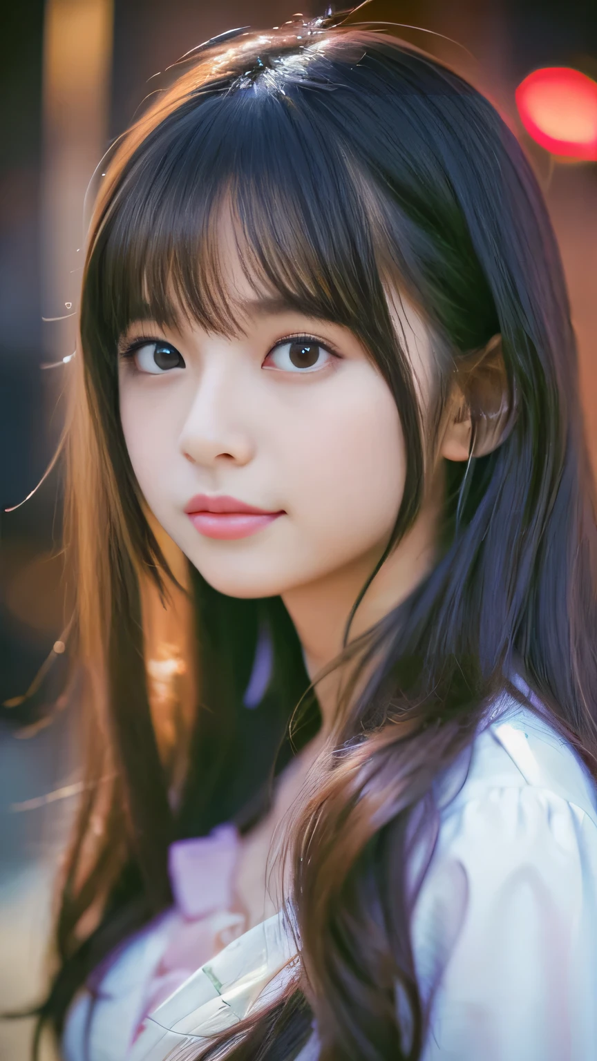 Highest quality,4K,8k,High resolution,masterpiece:1.2,Very detailed,Realistic:1.37,Portraiture,Soft colors,Gentle light,A girl exuding fatigue,long flowing hair,Delicate features,Thinking eyes,White skin,Happy expression,Soft pastel colors,Great atmosphere,Wearing a uniform、,Subtle brushstrokes,Dreamlike composition,Gazing into the distance,,Romantic atmosphere、Roppongi Nightlife、,Calm colors,Soft Shadows、Above-the-waist display、Ample breasts、