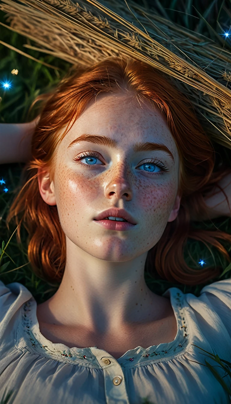 Profile angle shot, A tomboy redhead girl with freckles and big blue eyes, lying in a meadow with her hands under her head, holding a large blade of hay in her mouth, gazing at the starry sky, dreamy atmosphere, (best quality,4k,8k,highres,masterpiece:1.2),ultra-detailed,(realistic,photorealistic,photo-realistic:1.37),vibrant colors,cinematic lighting,intricate detail,ethereal,digital art, visible night sky, dark colors, night, dark colors