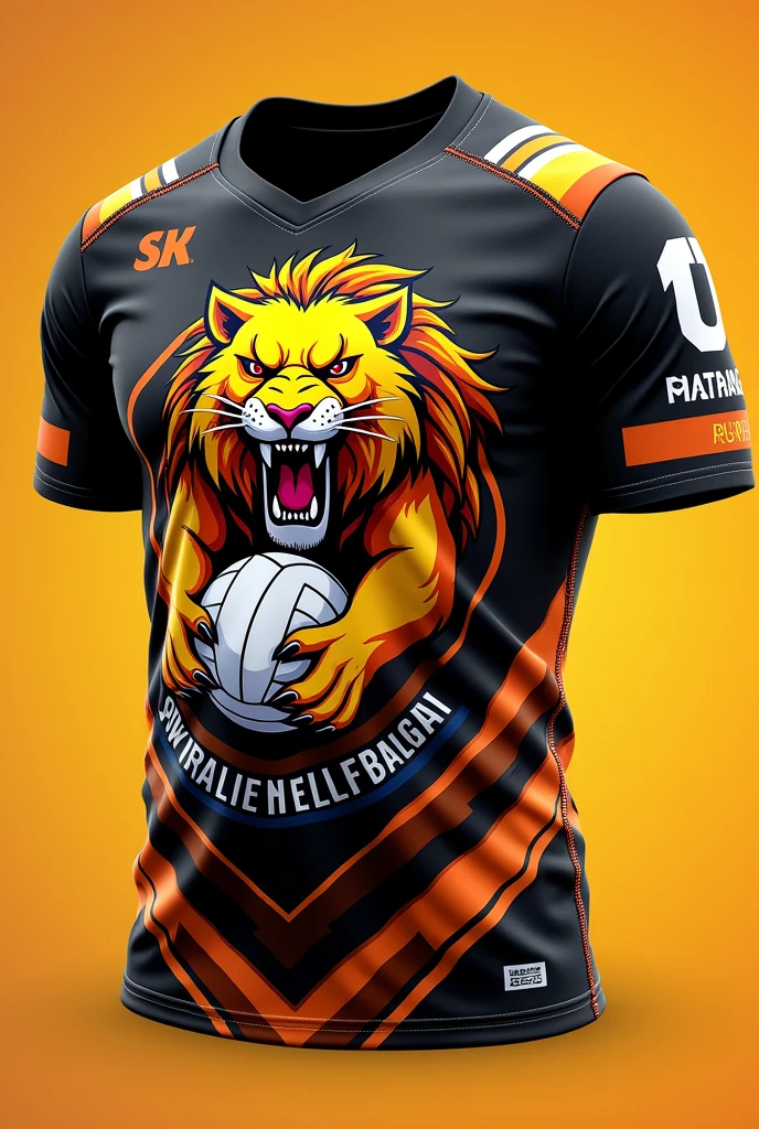 Volleyball team shirt in black, orange and yellow with the team name printed on the shirt. Review below has a print of the mascot, a lioness biting a volleyball.