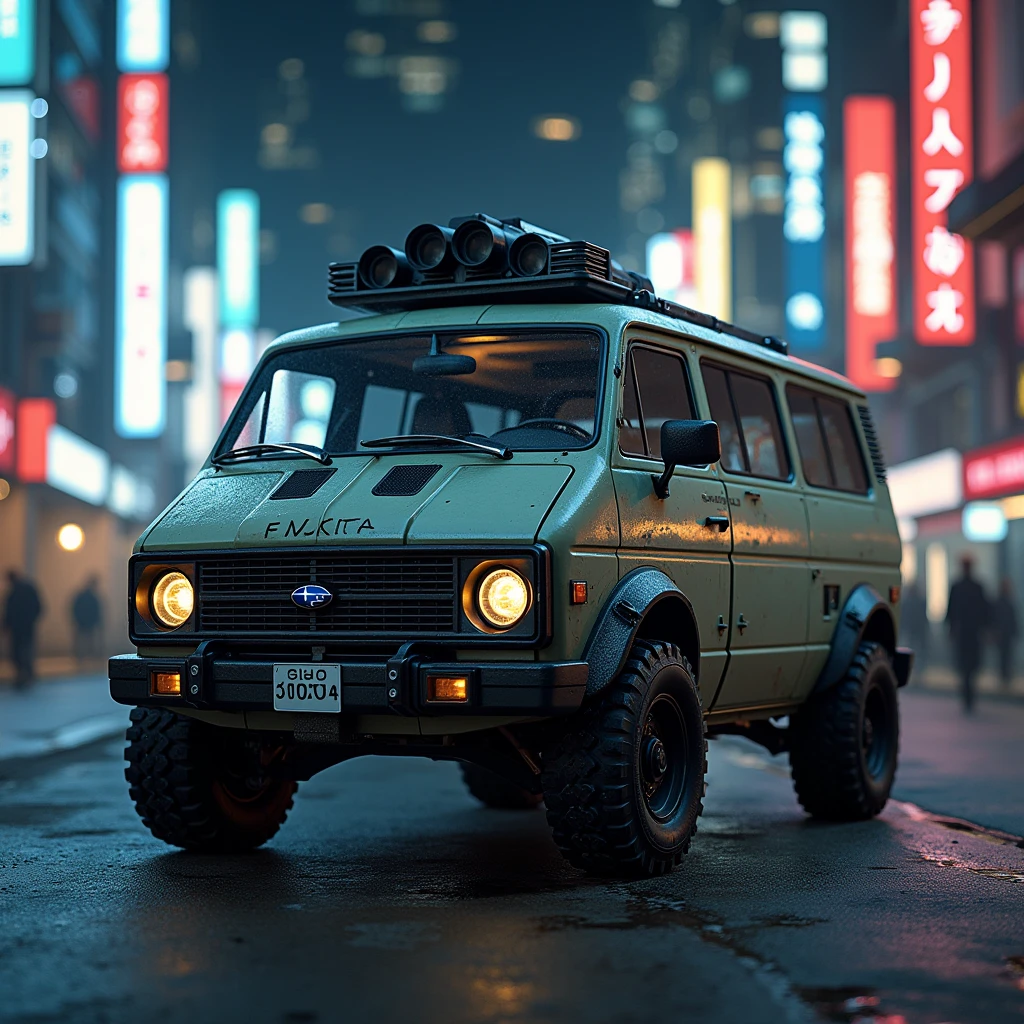 Cyberpunk Subaru Retro Armored Van、Shallow depth of field、(masterpiece:1.3) (最high quality:1.2) (high quality:1.1)、Cinematic Light, ((Cinema Lighting),(Natural light),(High level of artistry),(artistic),(Indistinguishable quality from the real thing),RAW Photos,Genuine,Genuine,High resolution,RAW Photos,masterpiece, beautiful,