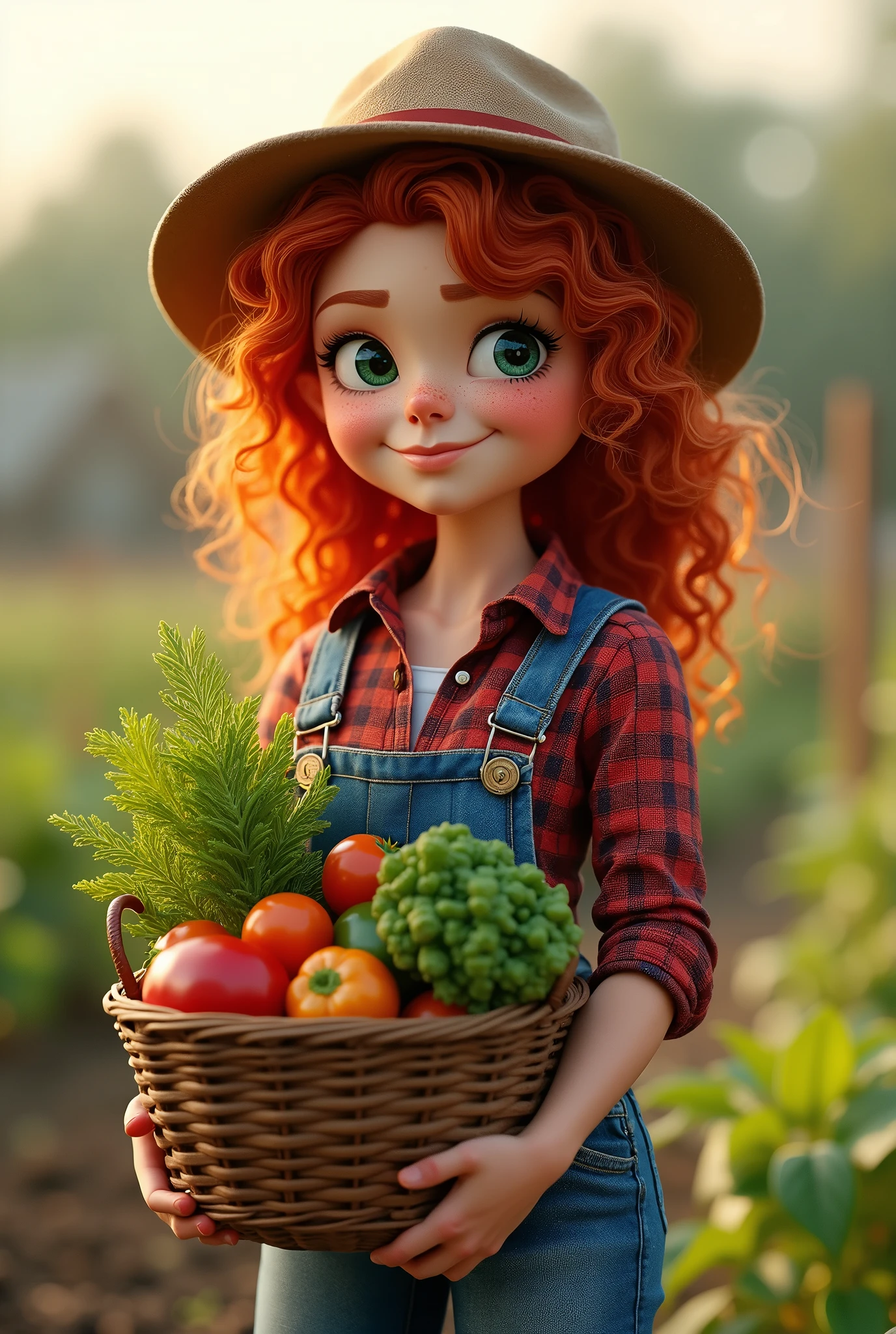 (best quality,4k,8k,highres,masterpiece:1.2),ultra-detailed,realistic,red-haired girl with freckles,beautiful detailed eyes and face,smug expression,sassy attitude,cute girl,curly red hair,plaid shirt,denim overalls,hat,farmer boots,brown curly hair,long eyelashes,thick booty,farm background,holding a basket of fresh vegetables,gardening tools,morning sunlight,vivid colors,rustic style,soft lighting