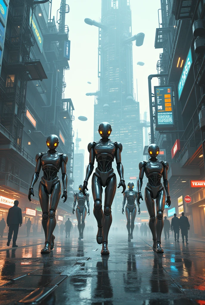 create an image showing several robots coming out of a machine and walking down a cybernetic street