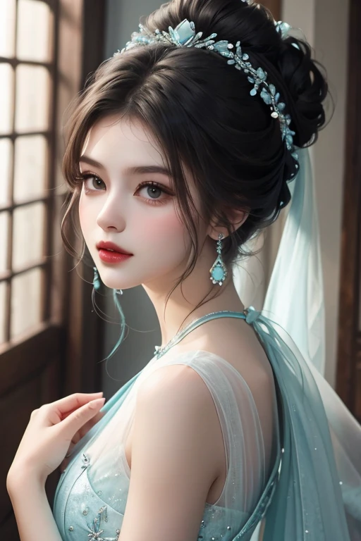 Girl in aquamarine dress with dark hair in a beautiful bun hairstyle and a bunch of aquamarines