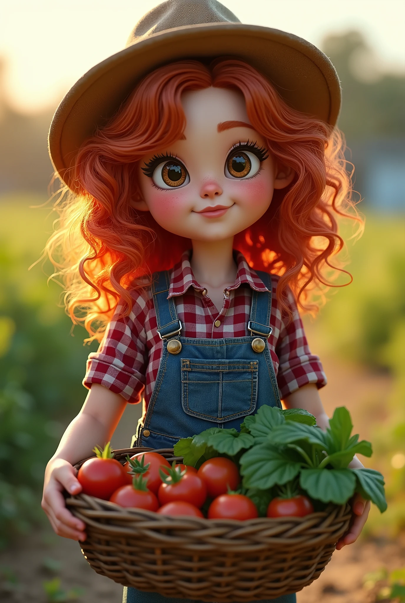 (best quality,4k,8k,highres,masterpiece:1.2),ultra-detailed,realistic,red-haired girl with freckles,beautiful detailed eyes and face,smug expression,sassy attitude,cute girl,curly red hair,plaid shirt,denim overalls,hat,farmer boots,brown curly hair,long eyelashes,thick booty,farm background,holding a basket of fresh vegetables,gardening tools,morning sunlight,vivid colors,rustic style,soft lighting