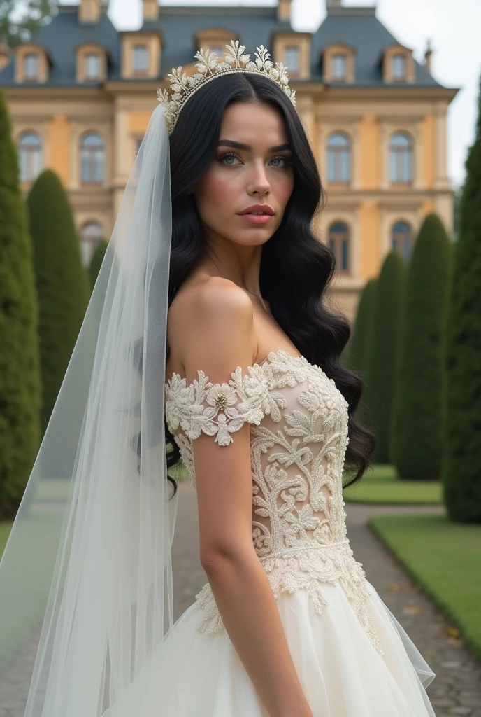 Beautiful young woman, 22 years old, long black hair and blue eyes. She is wearing a mid-century wedding dress with a white veil. behind her a luxurious mansion in Italy. The expression on his arrogant face, highlighted by his blue eyes