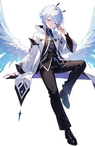 anime boy, half angel half demon (half white half black) ,eyes closed, concentrate expression, very HD, fantasy background, full body view (with cloth)