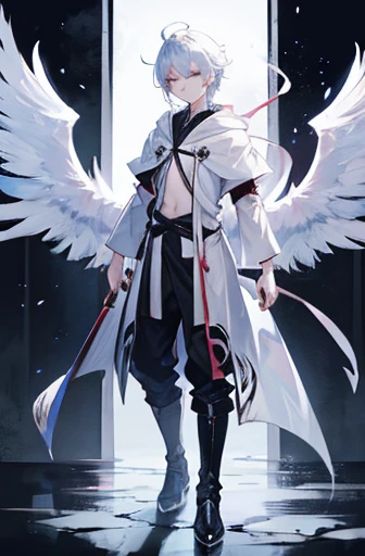 anime boy, half angel half demon (half white half black) ,eyes closed, concentrate expression, very HD, fantasy background, full body view (with cloth)